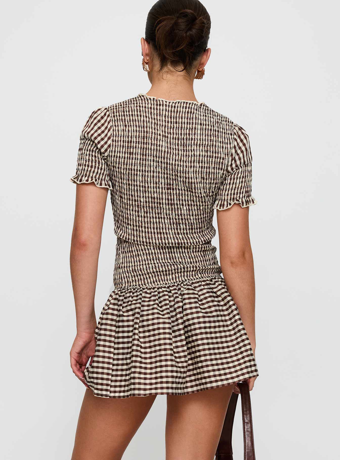 Laurita Shirred Mini Dress Brown Check | Princess Polly Laurita Shirred Mini Dress Brown Check | Princess Polly