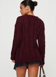 Alfey Cable Knit Sweater Burgundy Princess Polly  long 