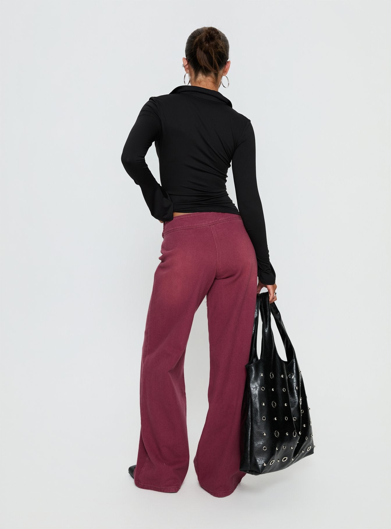 back view of model wearing Princess Polly Boxie Mid Rise Wide Leg Jeans Washed Burgundy Mid Rise Jeans 