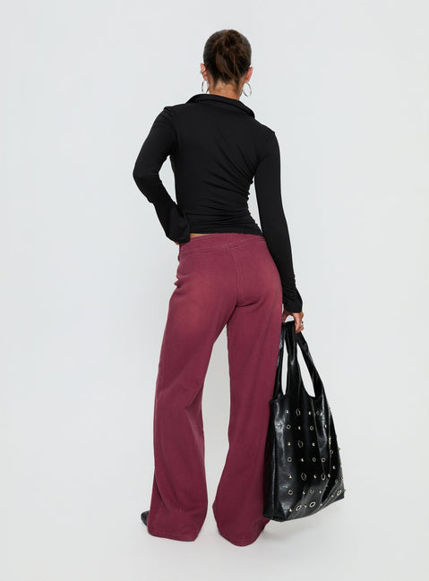 back view of model wearing Princess Polly Boxie Mid Rise Wide Leg Jeans Washed Burgundy Mid Rise Jeans 