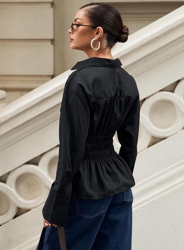 As You Are Shirred Button Up Top Black