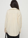 back view of model wearing Princess Polly Mallin Shirt Cream/Brown Stripe Full Sleeves V-Neck 