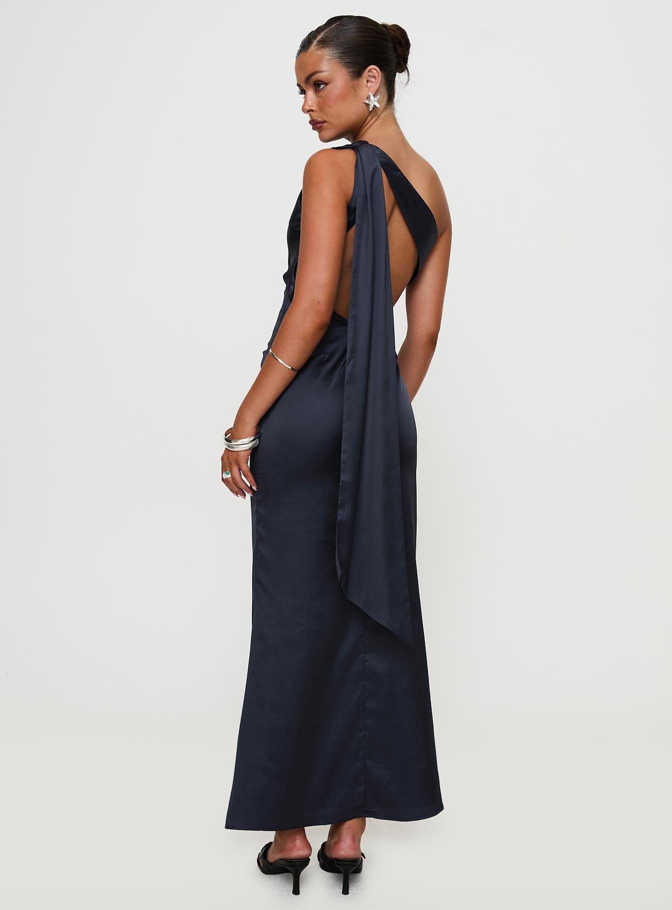 back view of model wearing Princess Polly Dulcia One Shoulder Maxi Dress Blue Asymmetric Neckline 