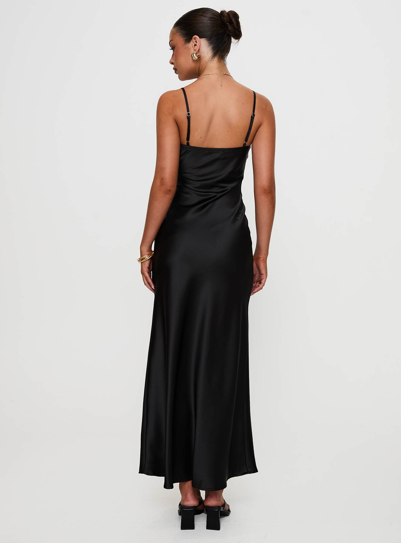 back view of model wearing Princess Polly Blackthorn Maxi Dress Black Sweetheart Neckline 