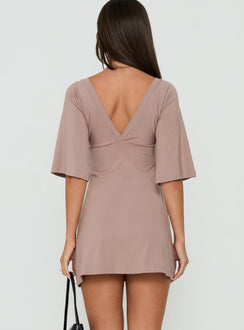 Reyya 3/4 Sleeve V Neck Mini Dress Taupe