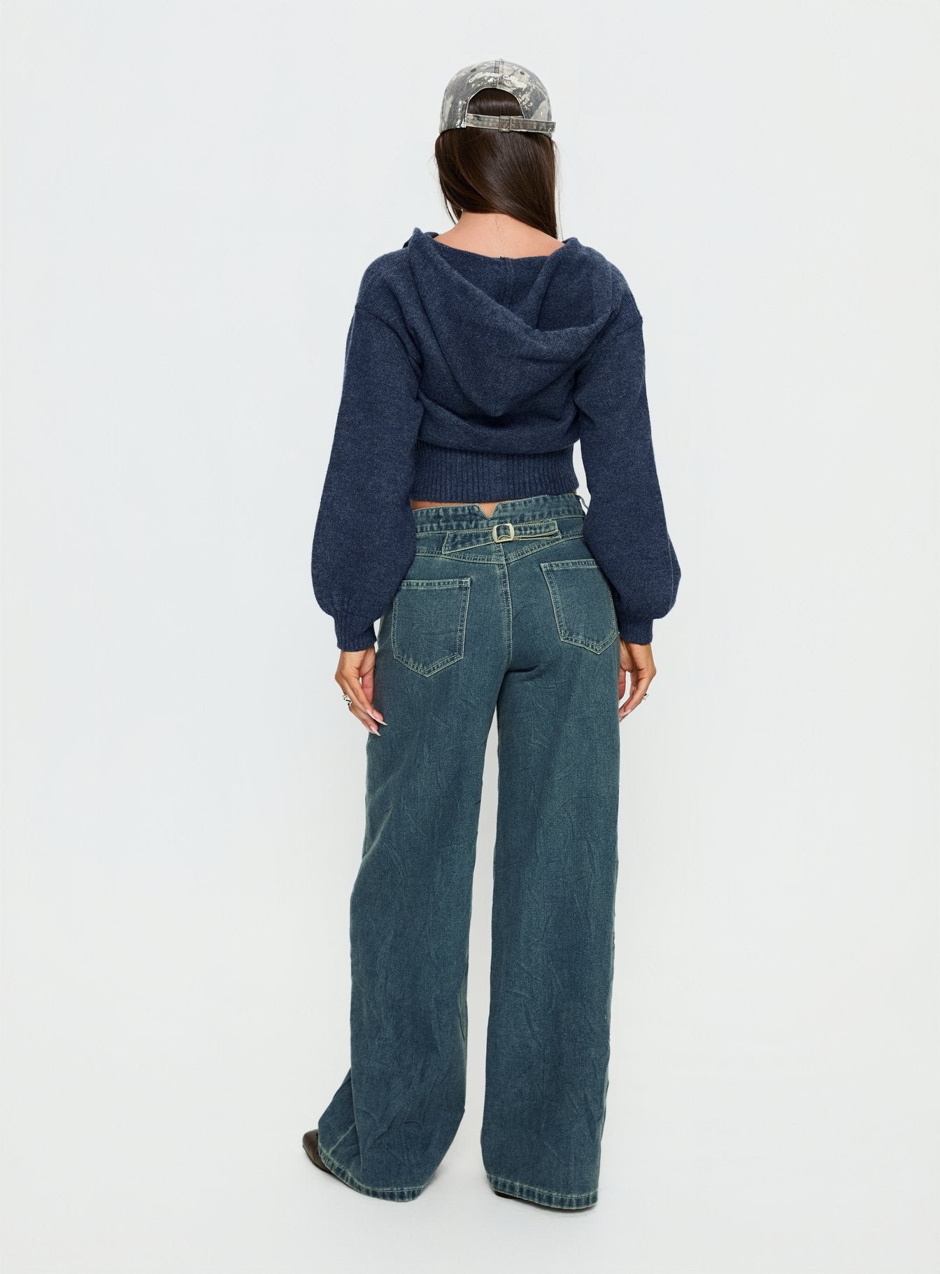 back view of model wearing Princess Polly Shanna Relaxed Low Rise Jeans Acid Raw Wash Mid Rise Jeans 