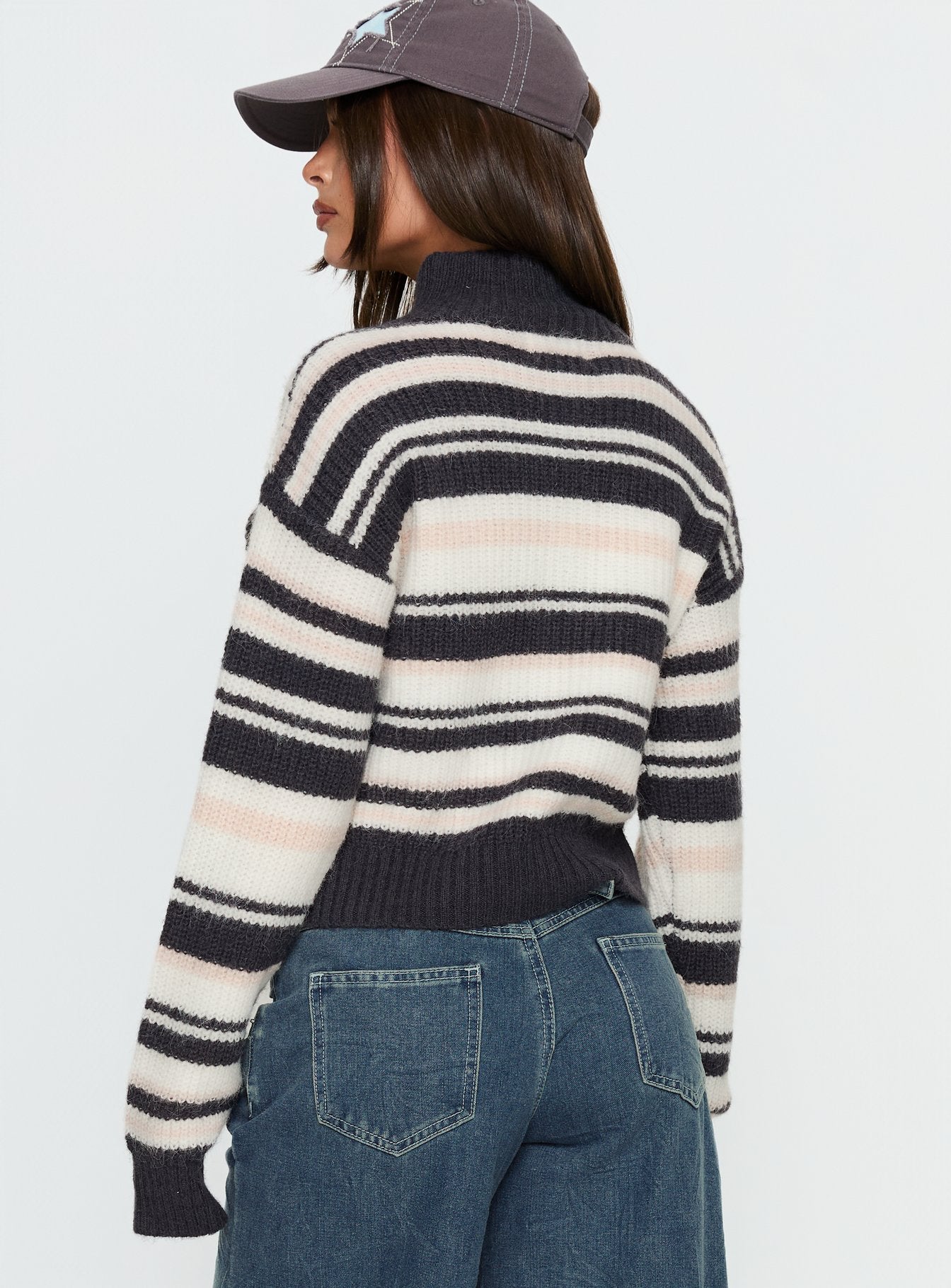 back view of model wearing Princess Polly Tetra Zip Through Knit Sweater Pink Stripe 