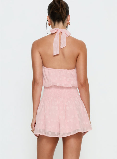 Eurythmic Scarf Halter Mini Dress Jacquard | Pink | Womens | Princess Polly Lower Impact Eurythmic Scarf Halter Mini Dress Jacquard | Pink | Womens | Princess Polly Lower Impact