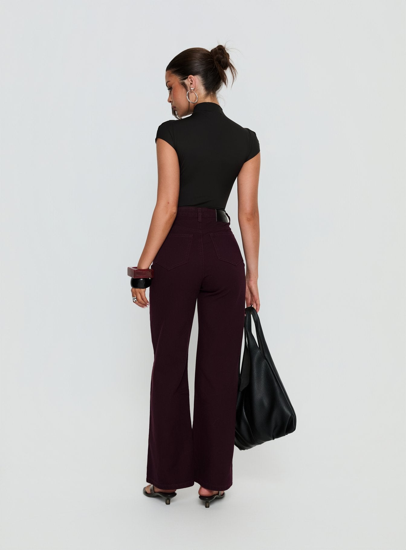 back view of model wearing Princess Polly Nicolo High Rise Straight Leg Jeans Currant High Rise Jeans 