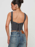 back view of model wearing Princess Polly Francois Backless Top Slate Sleeveless Square Neck 