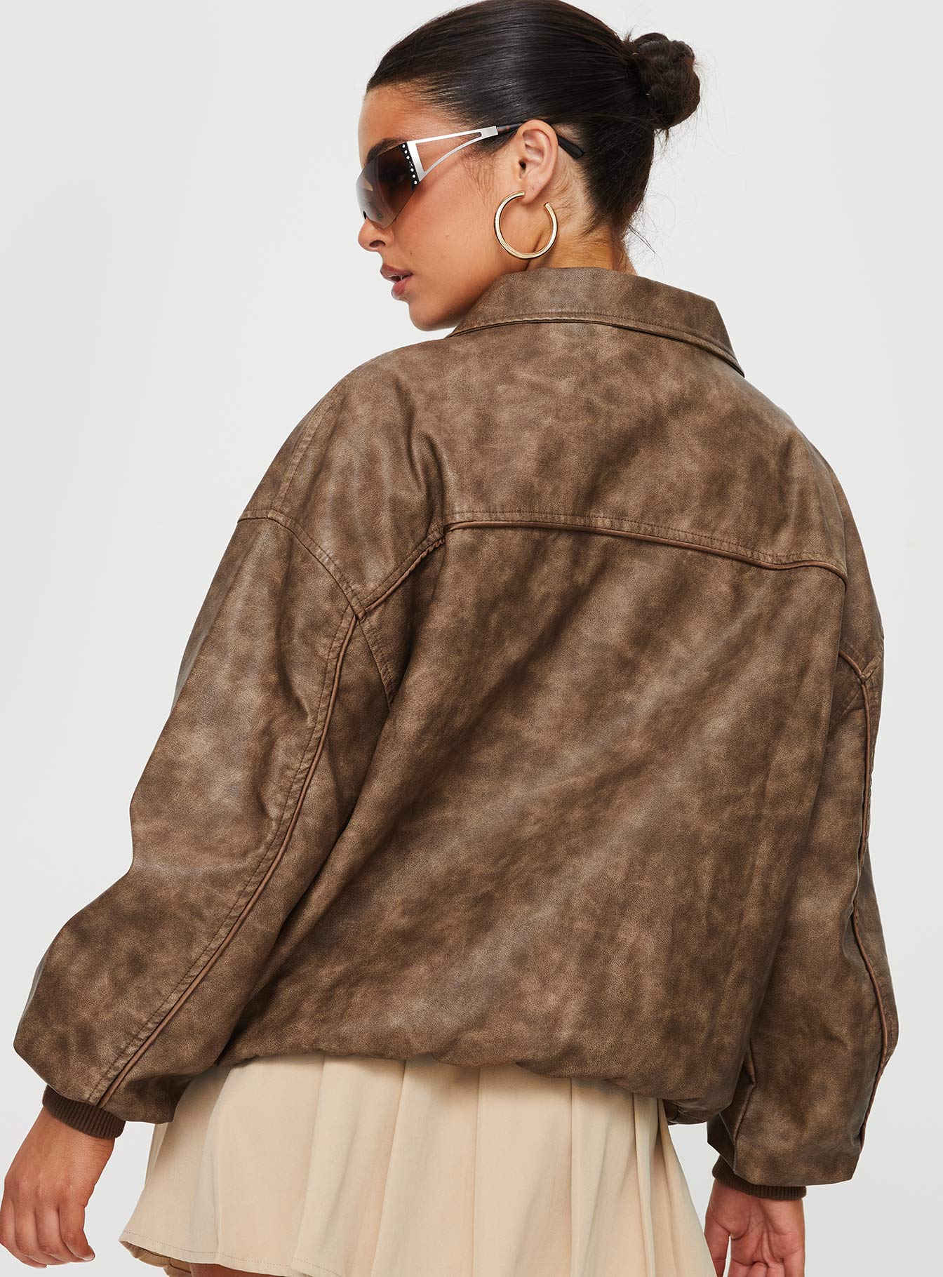 Goldsmith Faux Leather Bomber Jacket Washed Brown