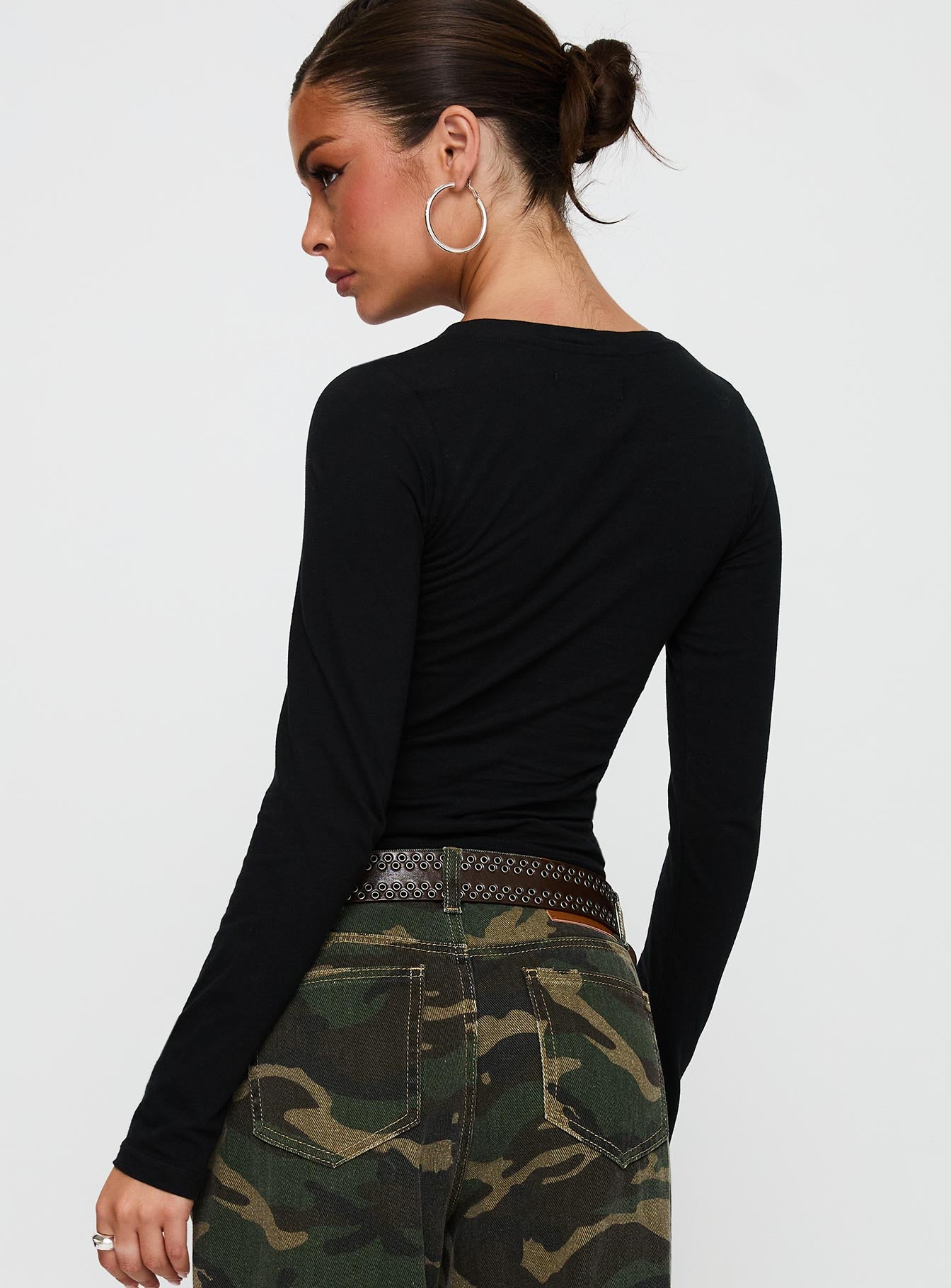 back view of model wearing Princess Polly Rodeo Cowboy Long Sleeve Top Washed Wine Full Sleeves Crew Neck 