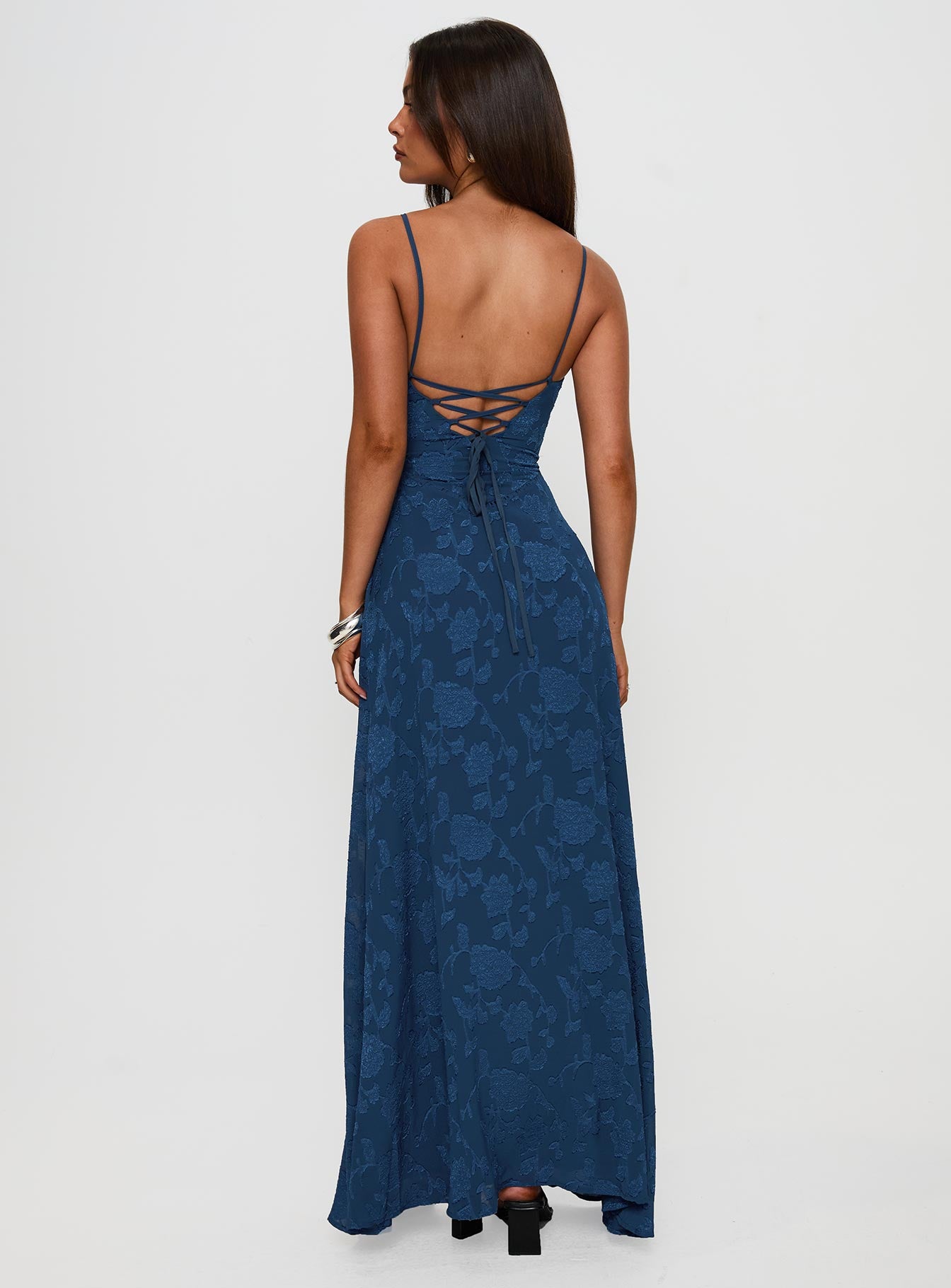 back view of model wearing Princess Polly South Of France Maxi Dress Navy Square Neck 