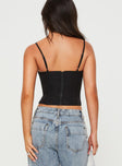 Crop corset top Adjustable shoulder straps, hook & eye fastening at front, boning throughout, zip fastening at back Non-stretch material fully lined