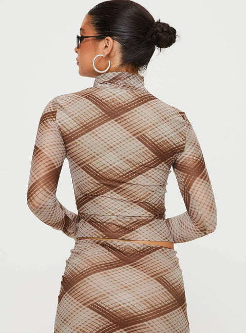 product Princess Polly Full Sleeves High Neck  Another Dreamer Long Sleeve Top Brown Check