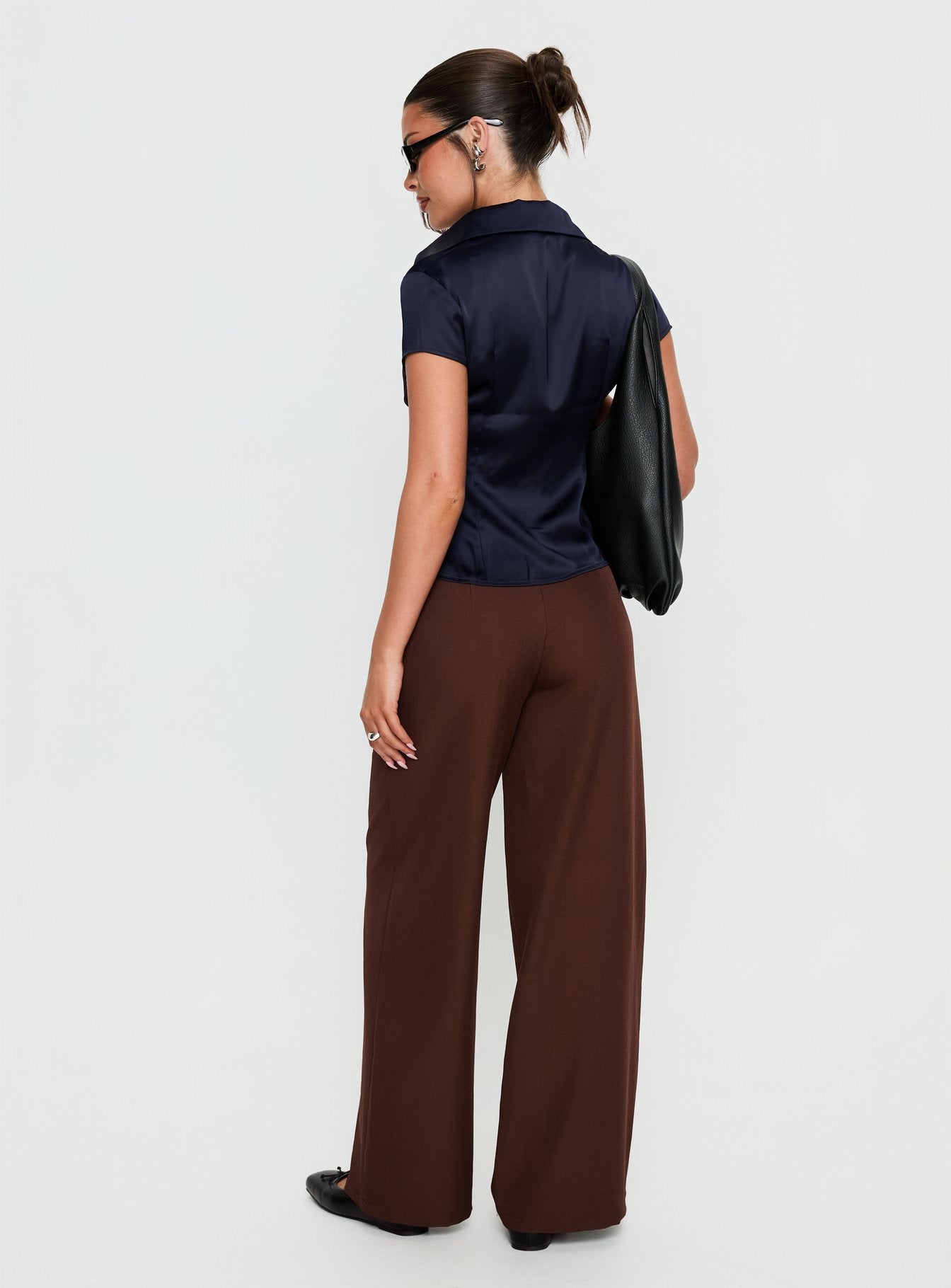 back view of model wearing Princess Polly Alys Cut Out Straight Leg Pant Brown Mid Rise Pants 