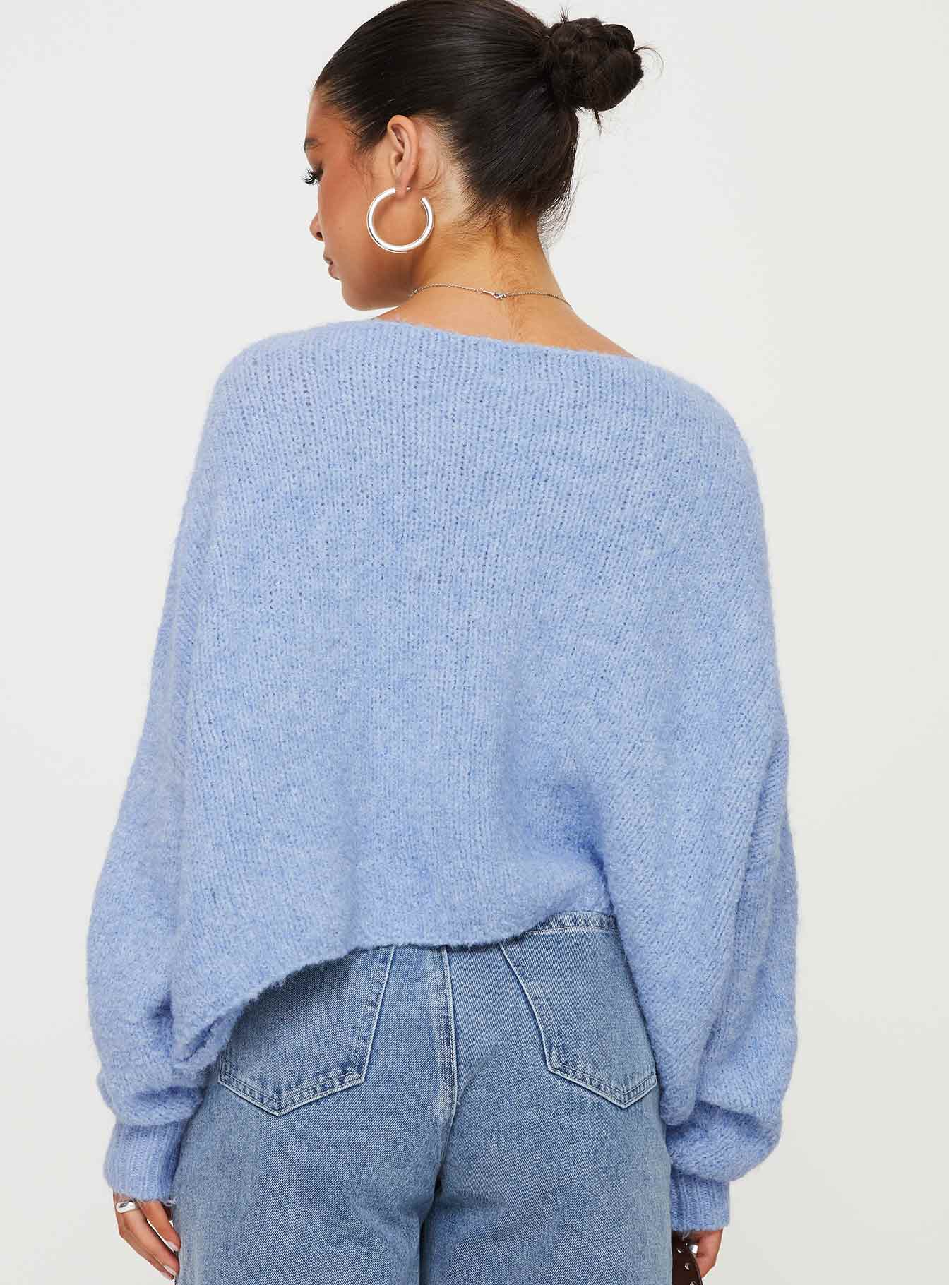 back view of model wearing Princess Polly Ramy Sweater Blue Cropped 