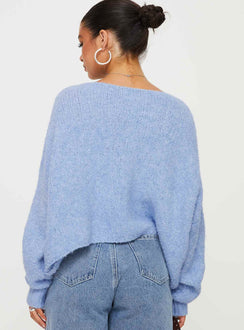 back view of model wearing Princess Polly Ramy Sweater Blue Cropped 