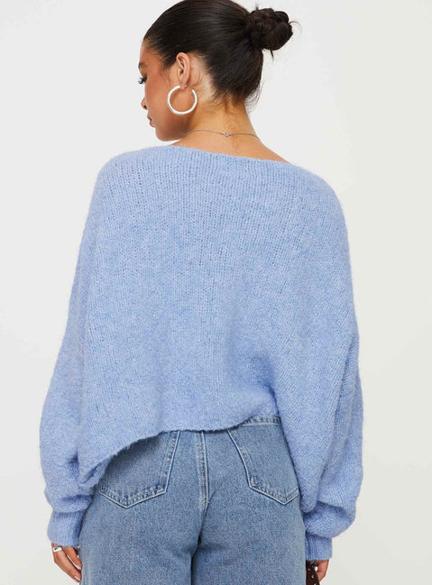 back view of model wearing Princess Polly Ramy Sweater Blue Cropped 