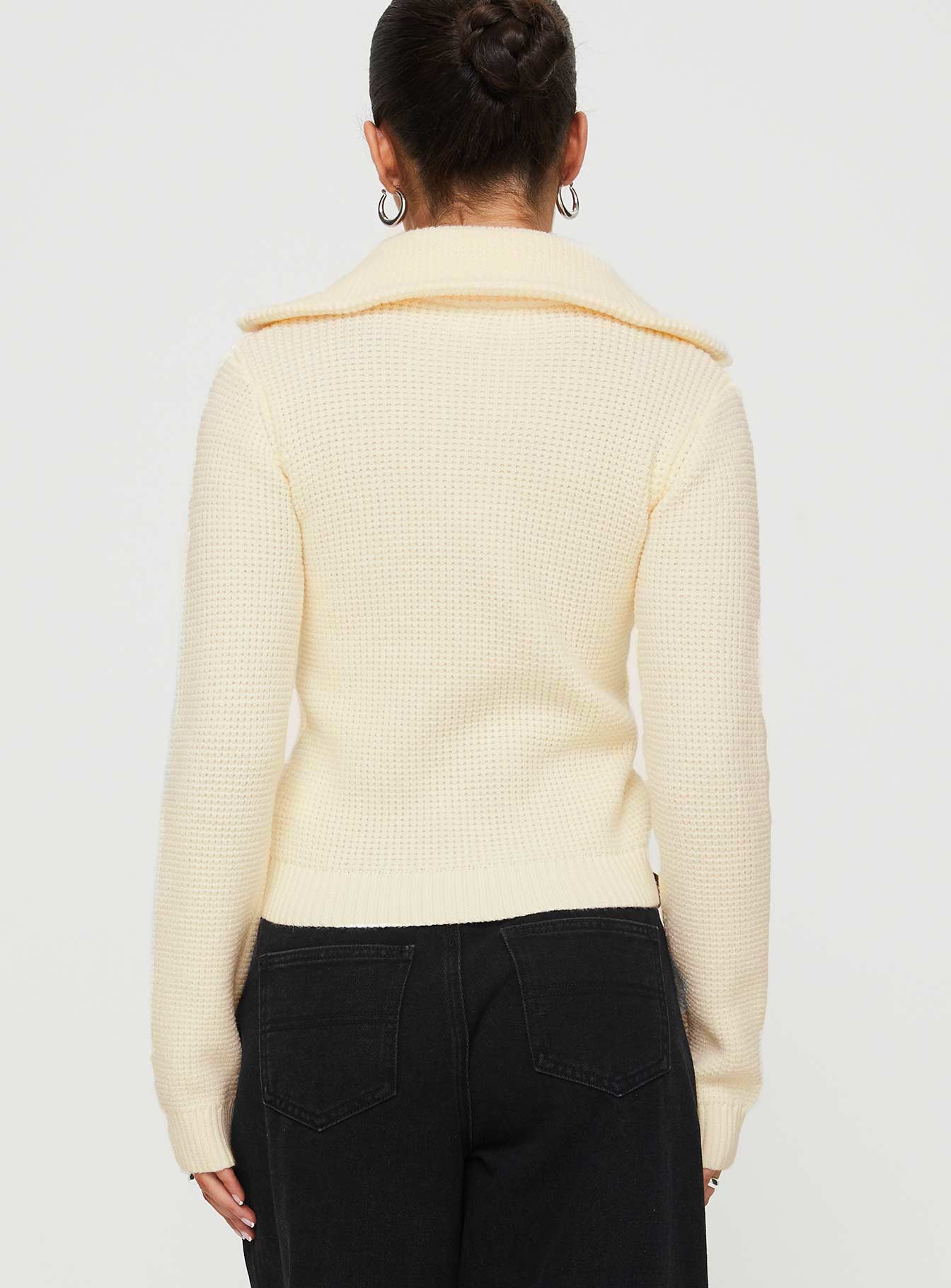 back view of model wearing Princess Polly Harvill Zip Up Cardigan White 