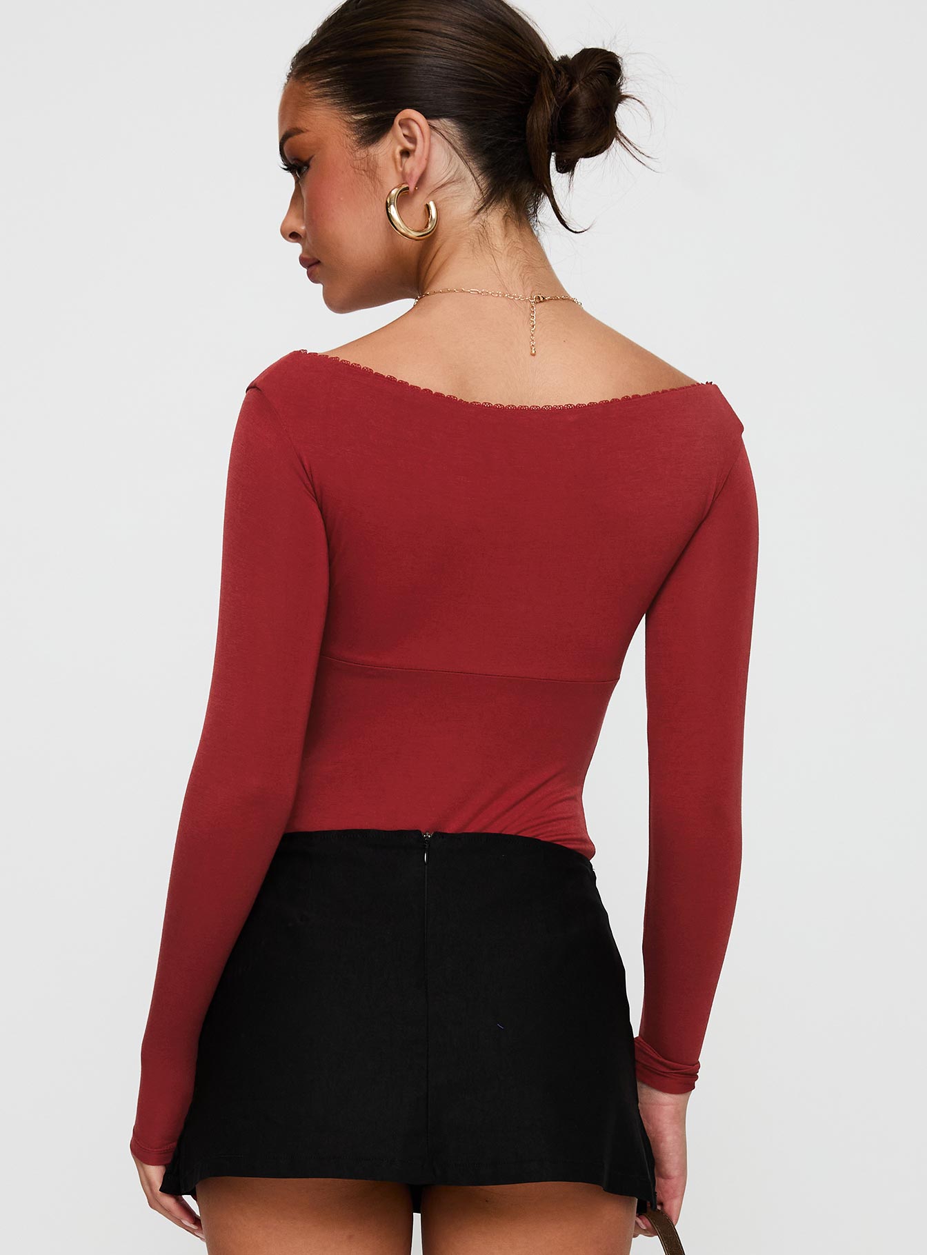 back view of model wearing Princess Polly Loveydove Bodysuit Burgundy Long Sleeve Tops 