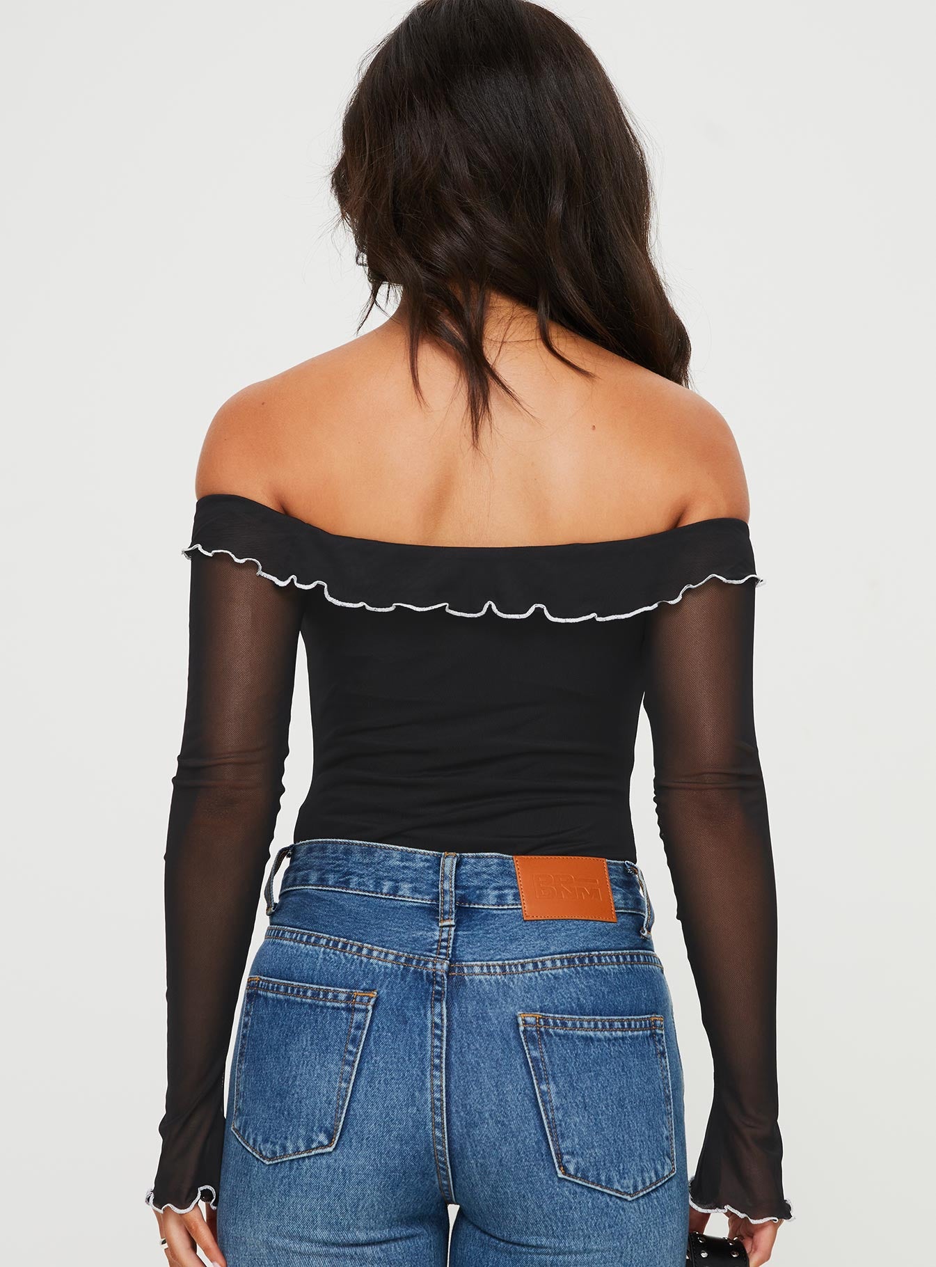 back view of model wearing Princess Polly Arsema Off The Shoulder Bodysuit Black Full Sleeves 