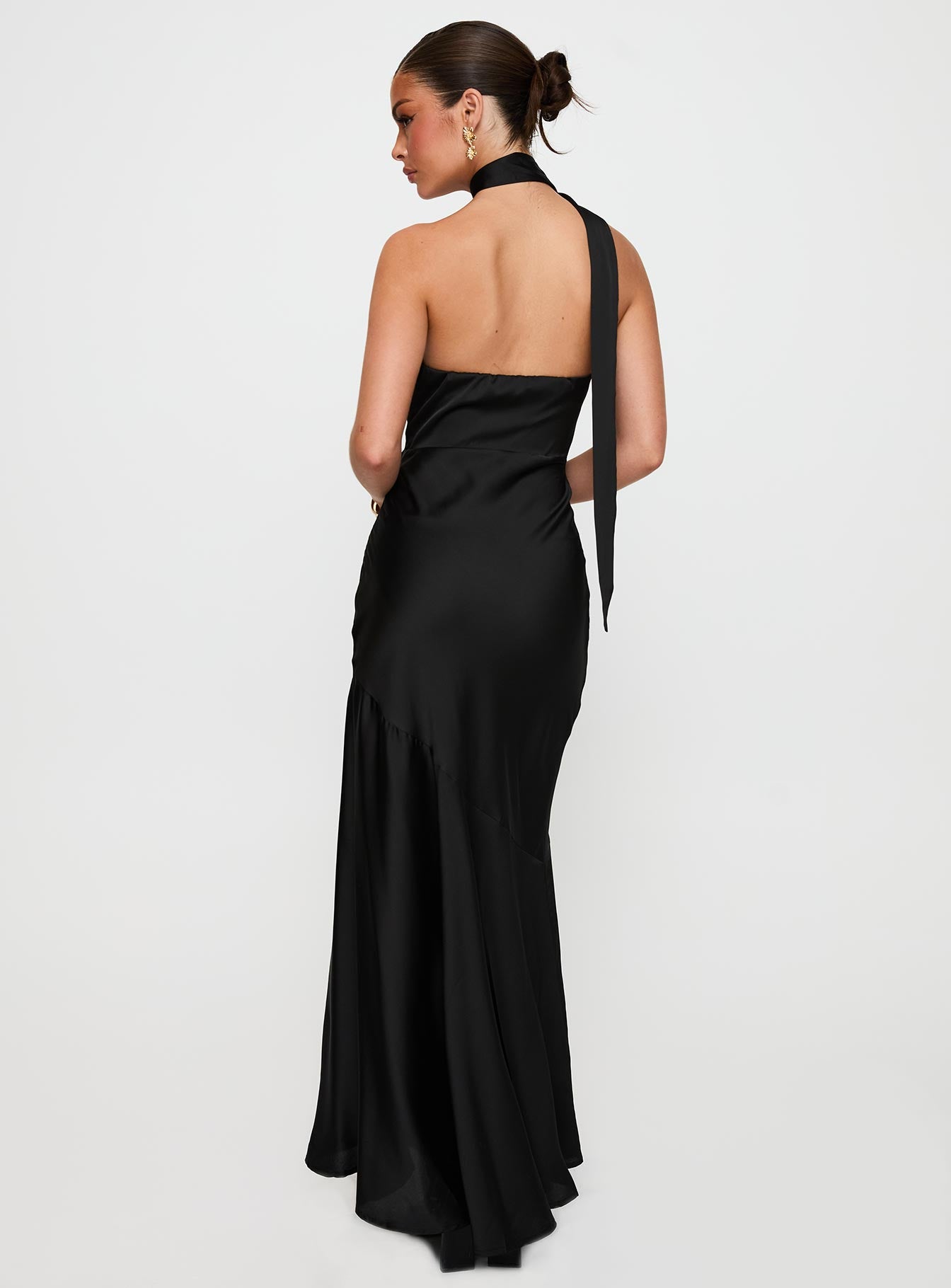 back view of model wearing Princess Polly Elixaire Scarf Maxi Dress Black Asymmetric Neckline 