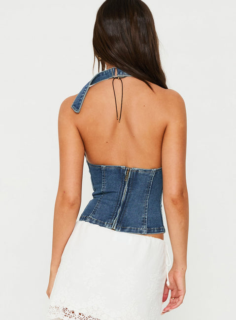 Nandie Denim Halter Top Dark Blue Wash