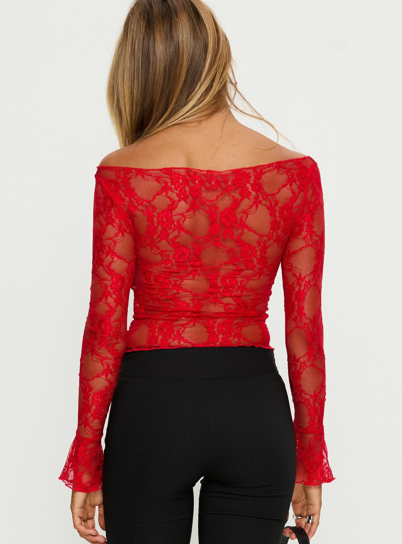 Junah Sheer Lace Long Sleeve Top Red