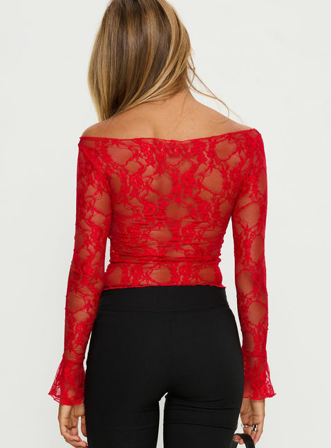 Junah Sheer Lace Long Sleeve Top Red