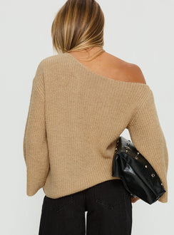 back view of model wearing Princess Polly Delyn Off Shoulder Slouchy Knit Sweater Camel Cropped Jumpers 
