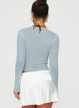 back view of model wearing Princess Polly Judeth Long Sleeve Top Blue Full Sleeves Sweetheart 