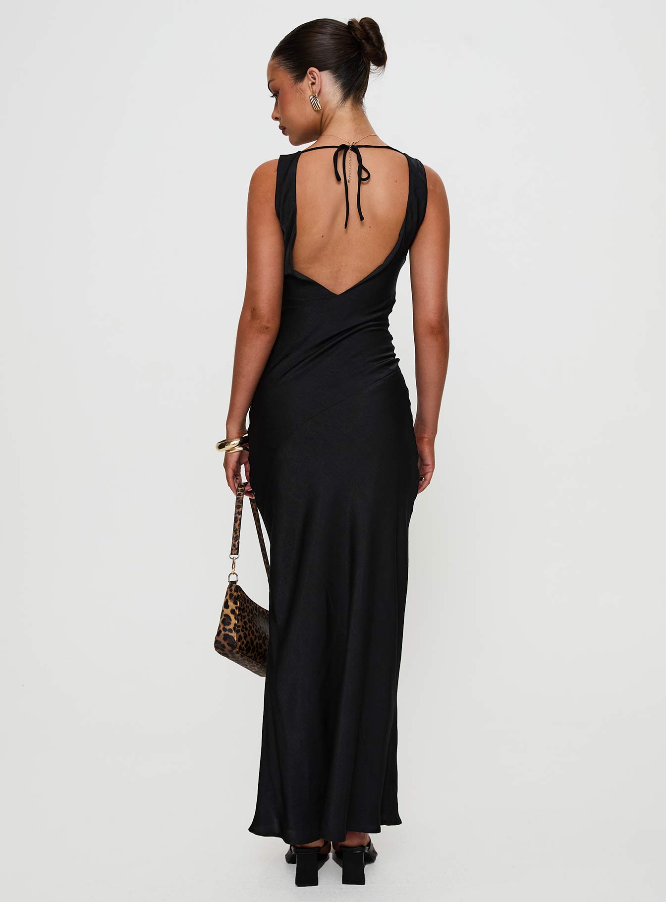 back view of model wearing Princess Polly Make Memories Cowl Neck Maxi Dress Black Cowl Neck 