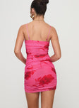 back view of model wearing Princess Polly Stevens Mini Dress Pink Floral Sweetheart Neckline 