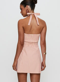 back view of model wearing Princess Polly Mallorie Halter Mini Dress Pink Stripe Scoop Neck 