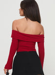 back view of model wearing Princess Polly Afterglow Off The Shoulder Bodysuit Burgundy Full Sleeves 