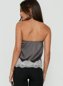 Sheyla Strapless Satin Lace Trim Top Grey / White