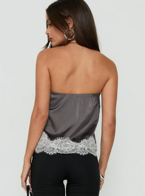 Sheyla Strapless Satin Lace Trim Top Grey / White