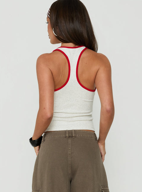 1800 Get A Life Graphic Racer Back Tank Grey / Red