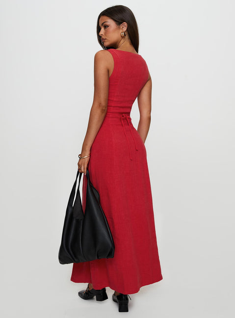 back view of model wearing Princess Polly Lewisa Maxi Dress Red Boat Neck 