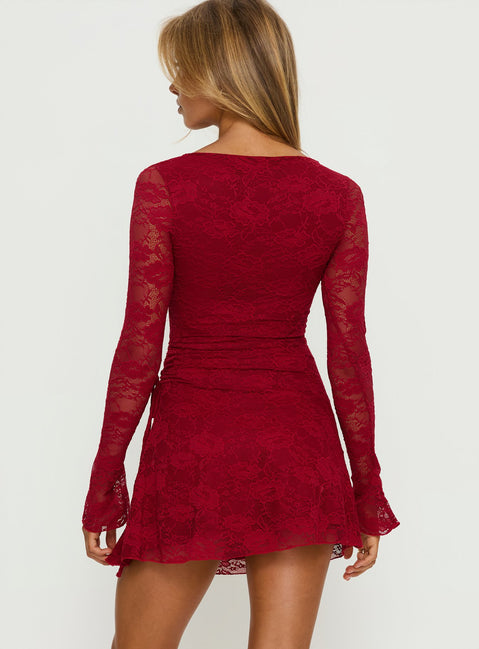 Airabella Long Sleeve Lace Mini Dress | Red | Womens | Princess Polly Lower Impact Airabella Long Sleeve Lace Mini Dress | Red | Womens | Princess Polly Lower Impact