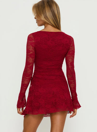 strapless open back dress Long Sleeve Deep Plunge Mini Dress in Red - 4