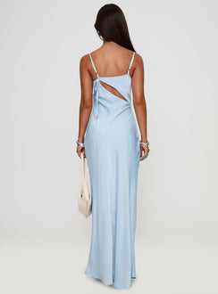 back view of model wearing Princess Polly Linger Bias Cut Maxi Dress Blue V-Neck 