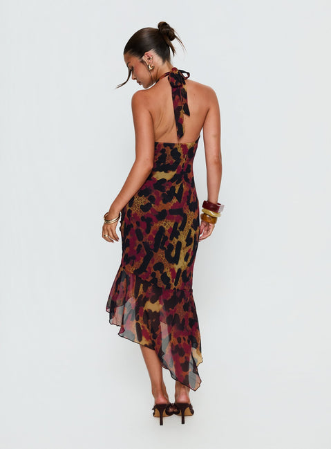 Katriona Halter Asymmetrical Maxi Dress | Leopard Multi | Womens | Princess Polly