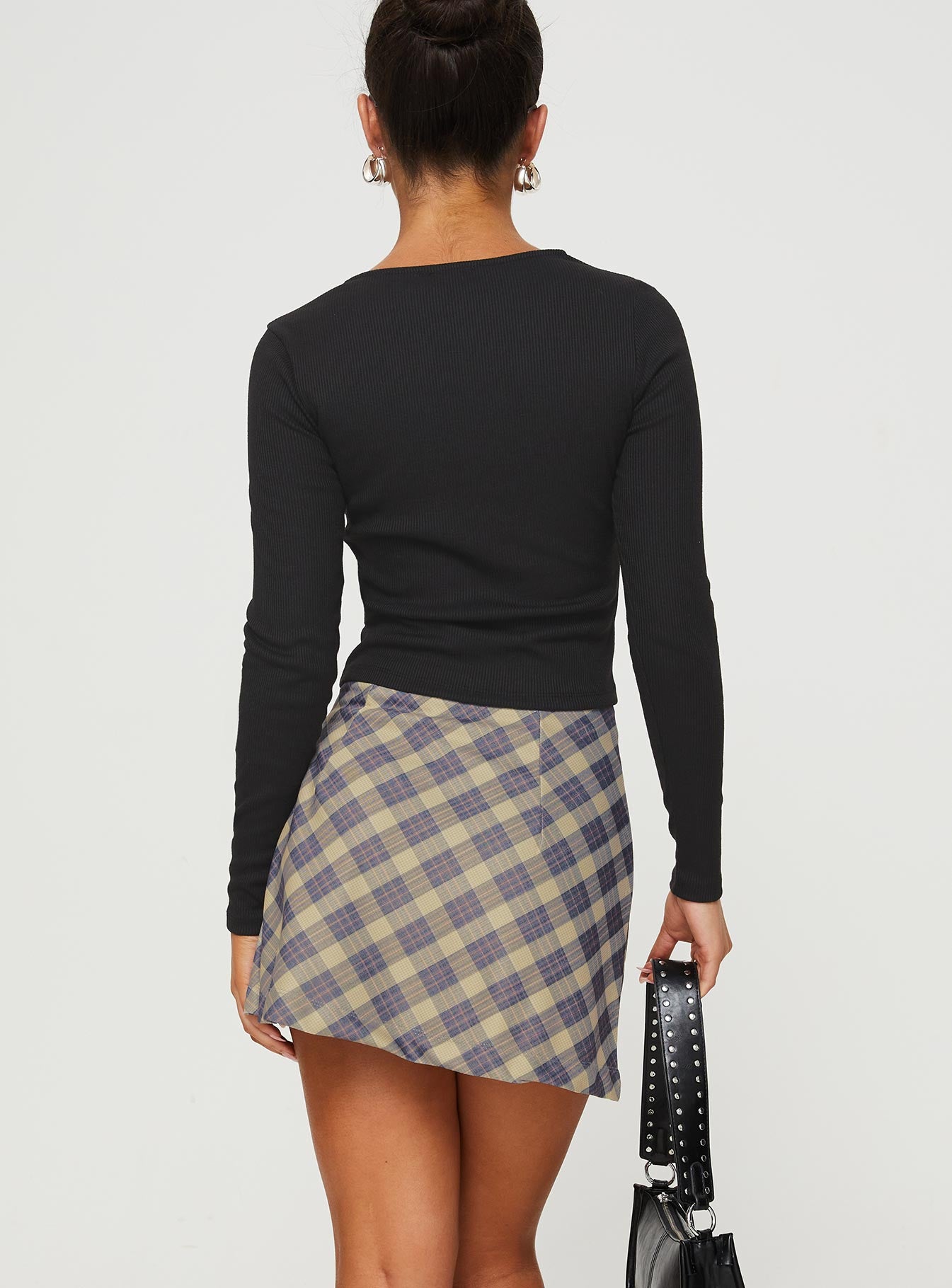 back view of model wearing Princess Polly Fike Mini Skirt Blue Mini Skirts 