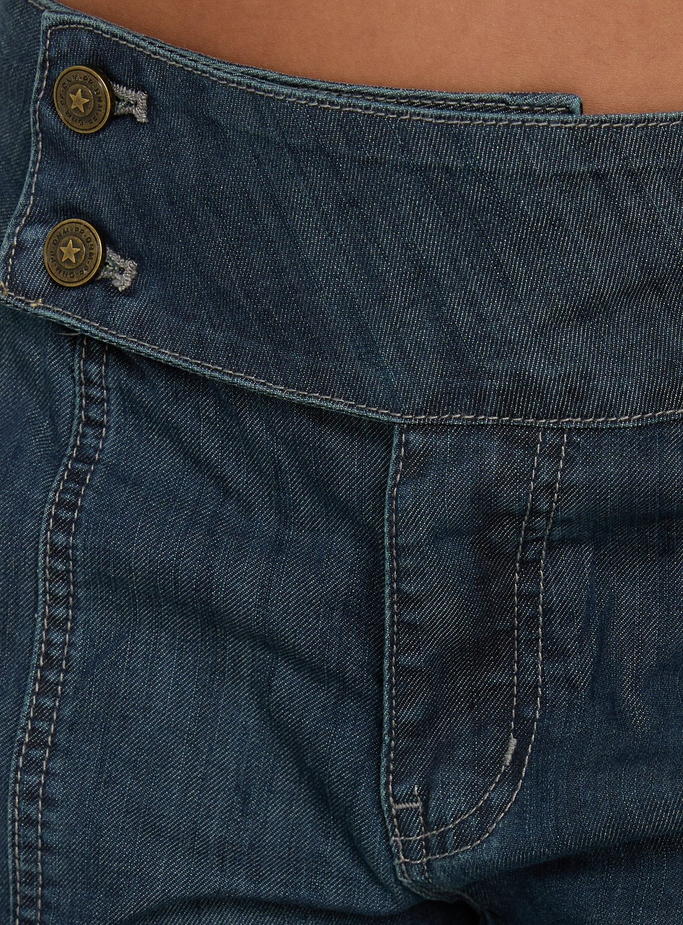 Highlighting the Nikoletta Mid Rise Wide Leg Cargo Jeans Dark Blue Wash in womens-jeans with mid-rise waistband detail