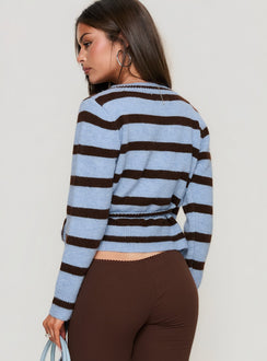 back view of model wearing Princess Polly Andras Wrap Knit Sweater Blue Stripe cropped 