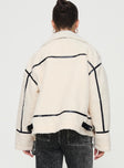 Cream shearling jacket Classic collar, exposed zip fastening, twin pockets, faux leather stitching, buckle detail