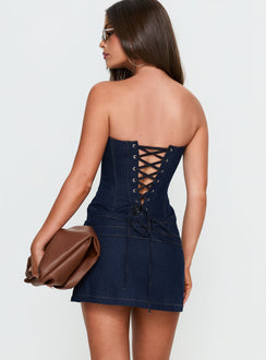 Irenah Strapless Denim Corset Mini Dress Dark Blue Wash