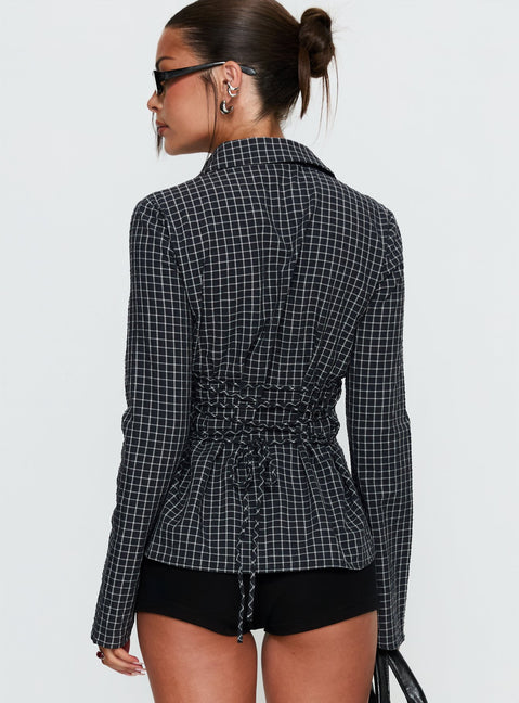 Eryx Tie Back Button Up Top Black Check